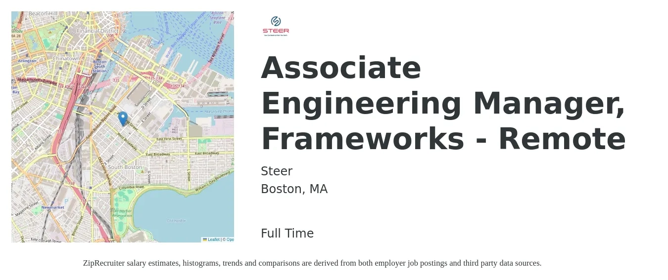 Steer job posting for a Associate Engineering Manager, Frameworks - Remote in Boston, MA with a map of Boston location.