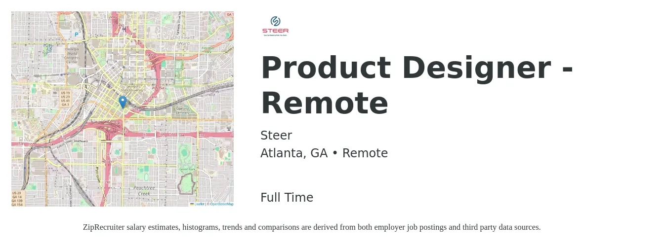 Steer job posting for a Product Designer - Remote in Atlanta, GA with a salary of $126,000 to $149,100 Yearly with a map of Atlanta location.