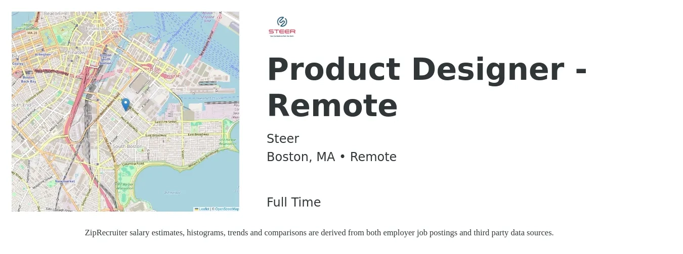 Steer job posting for a Product Designer - Remote in Boston, MA with a salary of $142,300 to $168,400 Yearly with a map of Boston location.