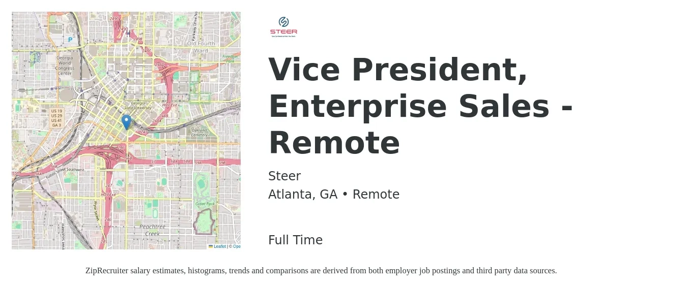 Steer job posting for a Vice President, Enterprise Sales - Remote in Atlanta, GA with a salary of $91,800 to $162,000 Yearly with a map of Atlanta location.