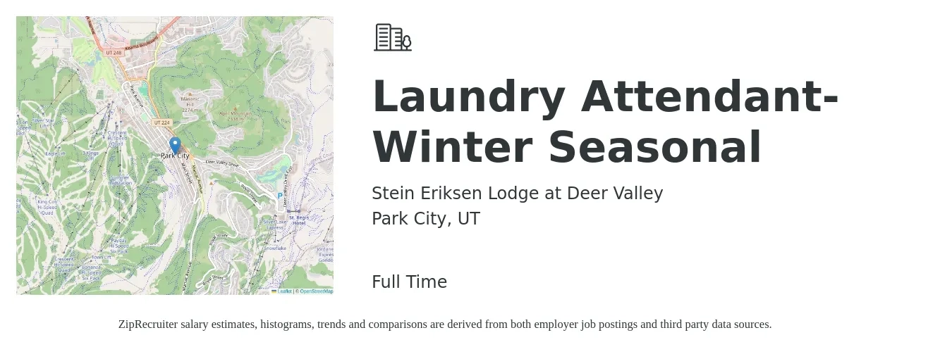 Stein Eriksen Lodge at Deer Valley job posting for a Laundry Attendant-Winter Seasonal in Park City, UT with a salary of $14 to $17 Hourly with a map of Park City location.