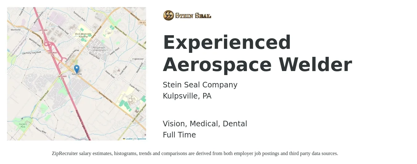 Stein Seal Company job posting for a Experienced Aerospace Welder in Kulpsville, PA with a salary of $19 to $26 Hourly and benefits including dental, life_insurance, medical, retirement, and vision with a map of Kulpsville location.