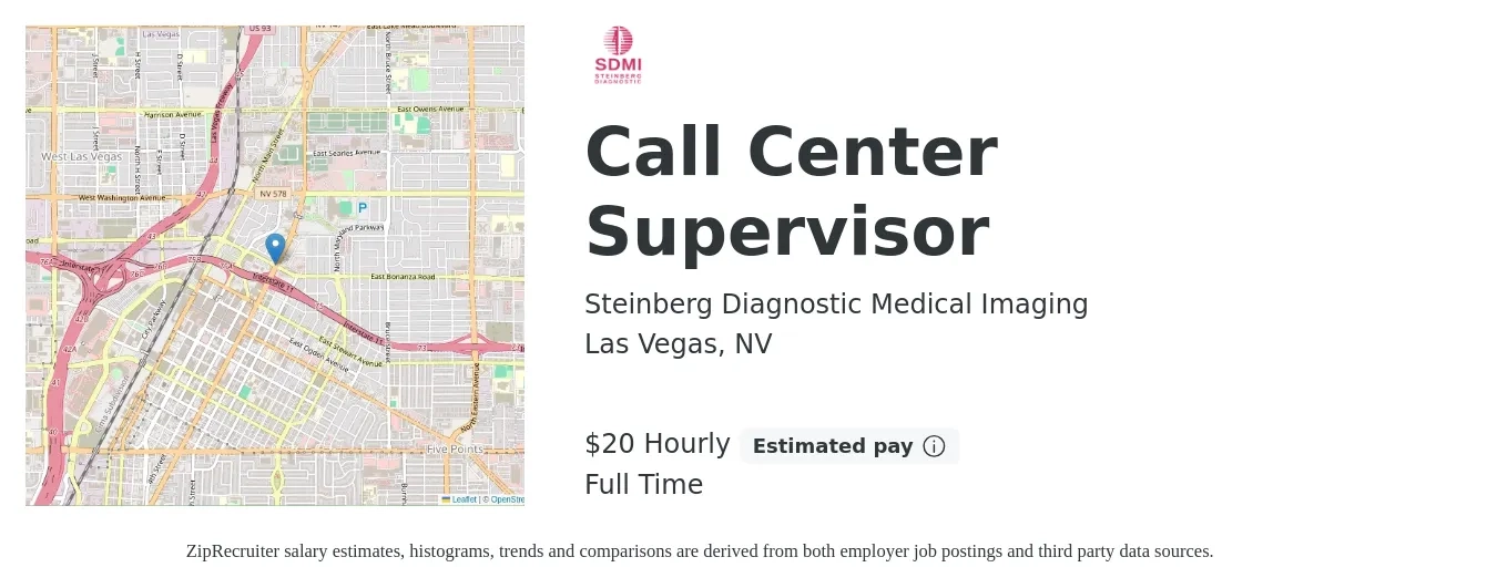 Steinberg Diagnostic Medical Imaging job posting for a Call Center Supervisor in Las Vegas, NV with a salary of $22 Hourly with a map of Las Vegas location.
