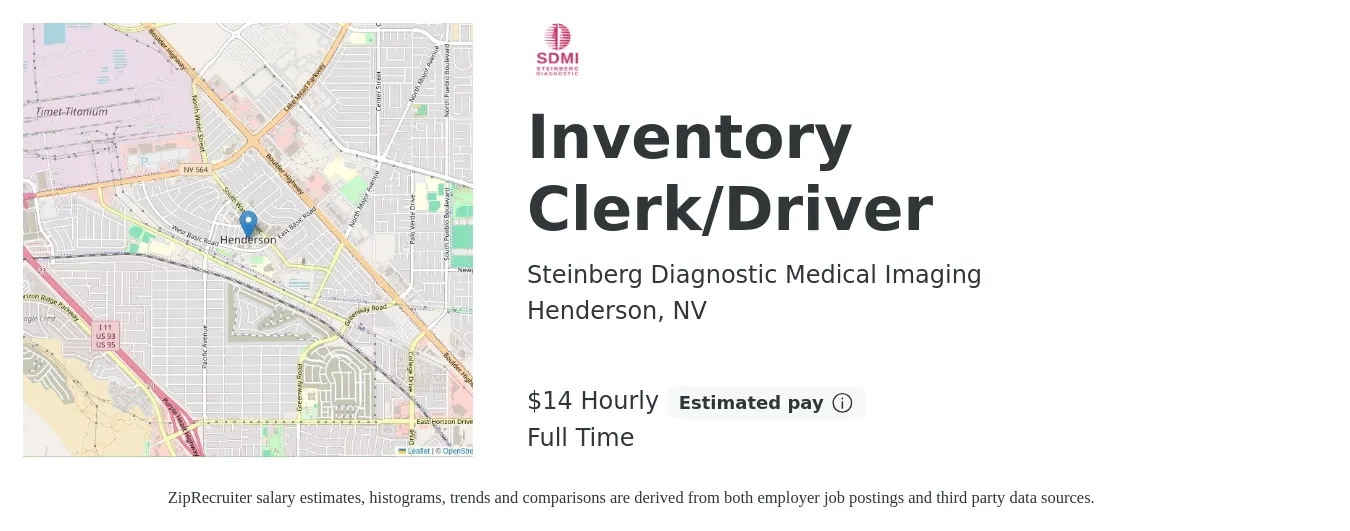 Steinberg Diagnostic Medical Imaging job posting for a Inventory Clerk/Driver in Henderson, NV with a salary of $16 Hourly with a map of Henderson location.