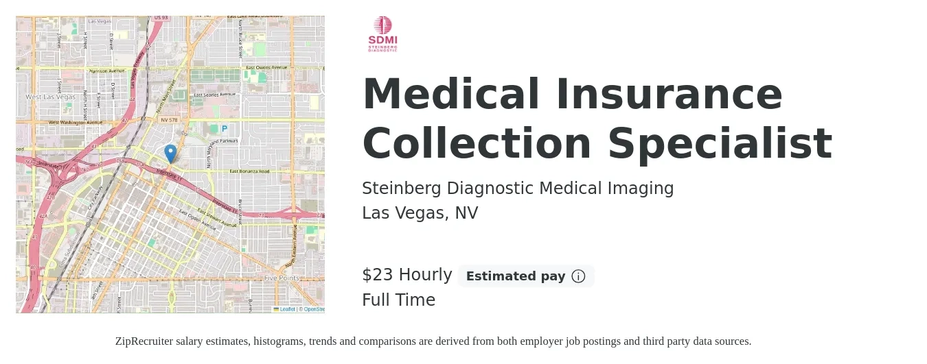 Steinberg Diagnostic Medical Imaging job posting for a Medical Insurance Collection Specialist in Las Vegas, NV with a salary of $24 Hourly with a map of Las Vegas location.