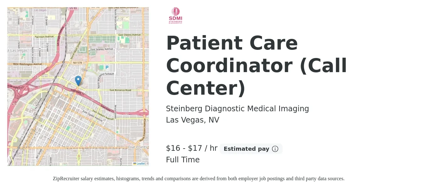Steinberg Diagnostic Medical Imaging job posting for a Patient Care Coordinator (Call Center) in Las Vegas, NV with a salary of $17 to $18 Hourly with a map of Las Vegas location.