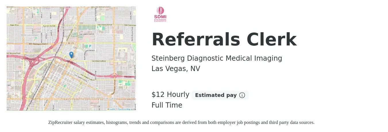 Steinberg Diagnostic Medical Imaging job posting for a Referrals Clerk in Las Vegas, NV with a salary of $13 Hourly with a map of Las Vegas location.