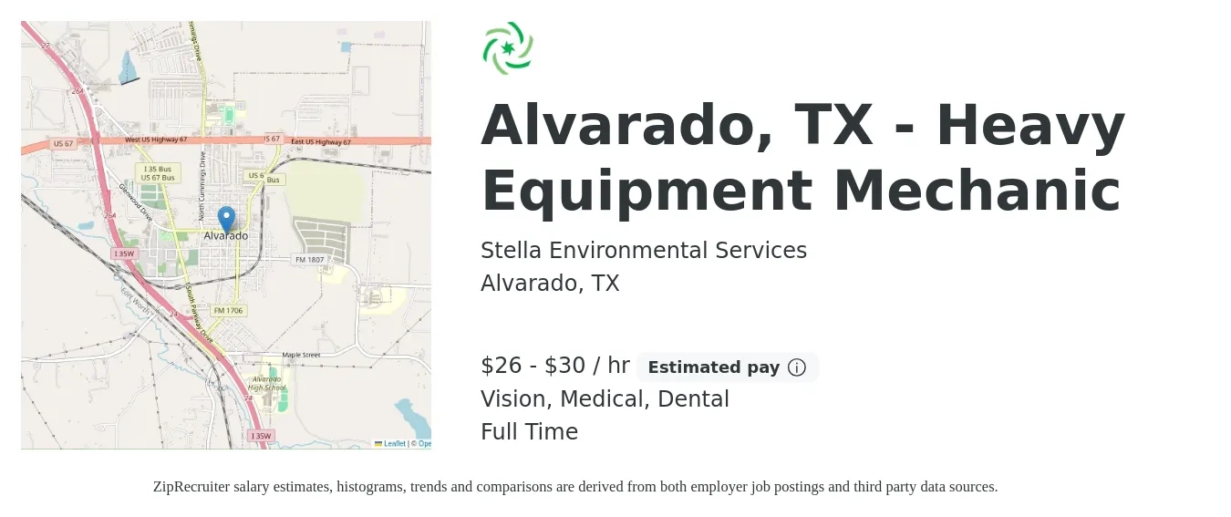 Stella Environmental Services job posting for a Alvarado, TX - Heavy Equipment Mechanic in Alvarado, TX with a salary of $28 to $32 Hourly and benefits including dental, life_insurance, medical, pto, retirement, and vision with a map of Alvarado location.