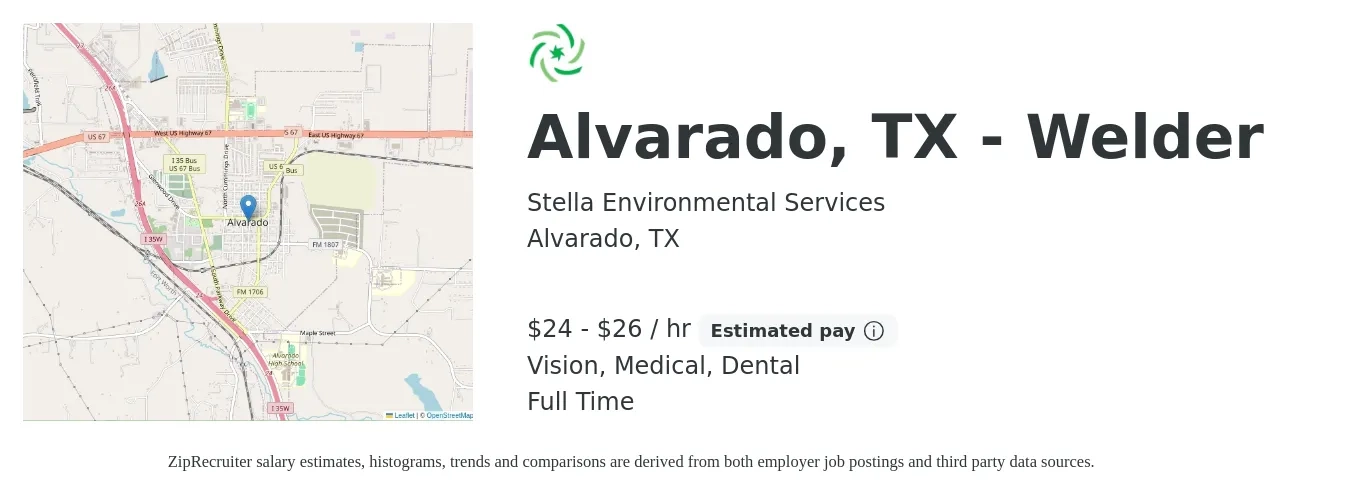 Stella Environmental Services job posting for a Alvarado, TX - Welder in Alvarado, TX with a salary of $25 to $28 Hourly and benefits including life_insurance, medical, pto, retirement, vision, and dental with a map of Alvarado location.