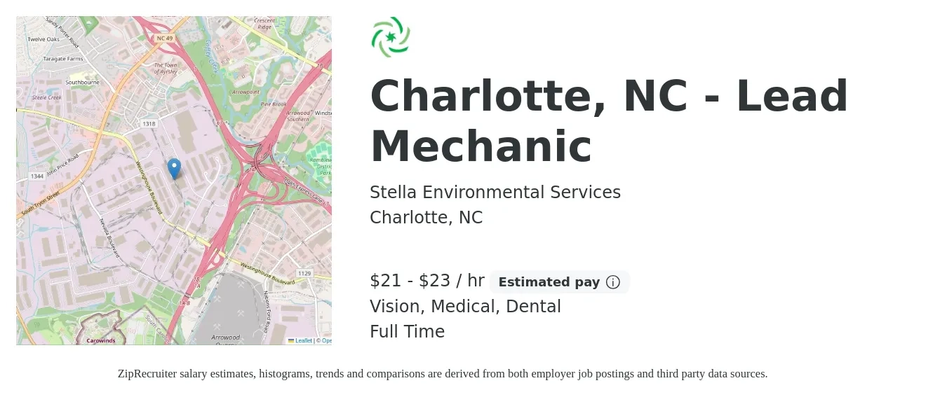 Stella Environmental Services job posting for a Charlotte, NC - Lead Mechanic in Charlotte, NC with a salary of $22 to $24 Hourly and benefits including pto, retirement, vision, dental, life_insurance, and medical with a map of Charlotte location.