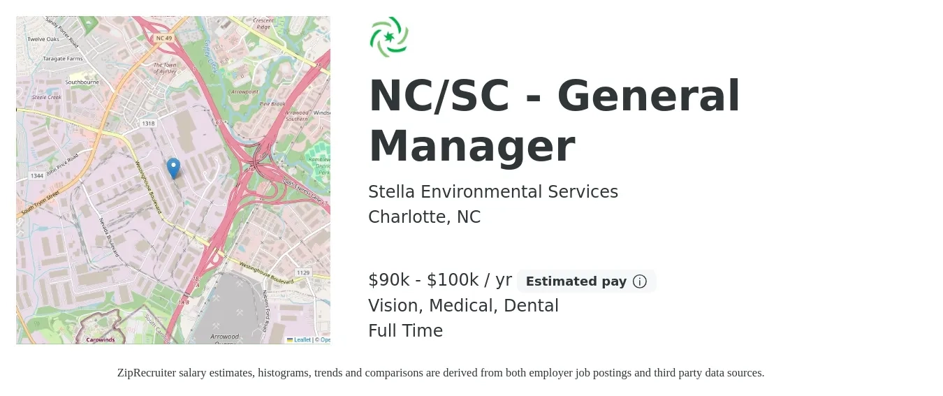 Stella Environmental Services job posting for a NC/SC - General Manager in Charlotte, NC with a salary of $90,000 to $100,000 Yearly and benefits including pto, retirement, vision, dental, life_insurance, and medical with a map of Charlotte location.