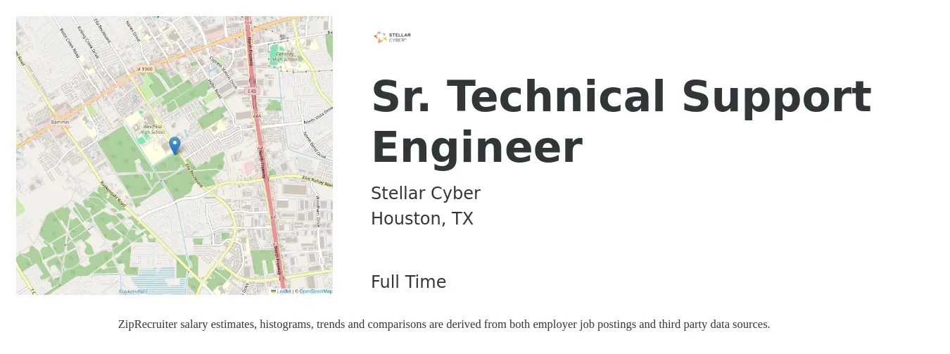 Stellar Cyber job posting for a Sr. Technical Support Engineer in Houston, TX with a salary of $84,000 to $116,000 Yearly with a map of Houston location.