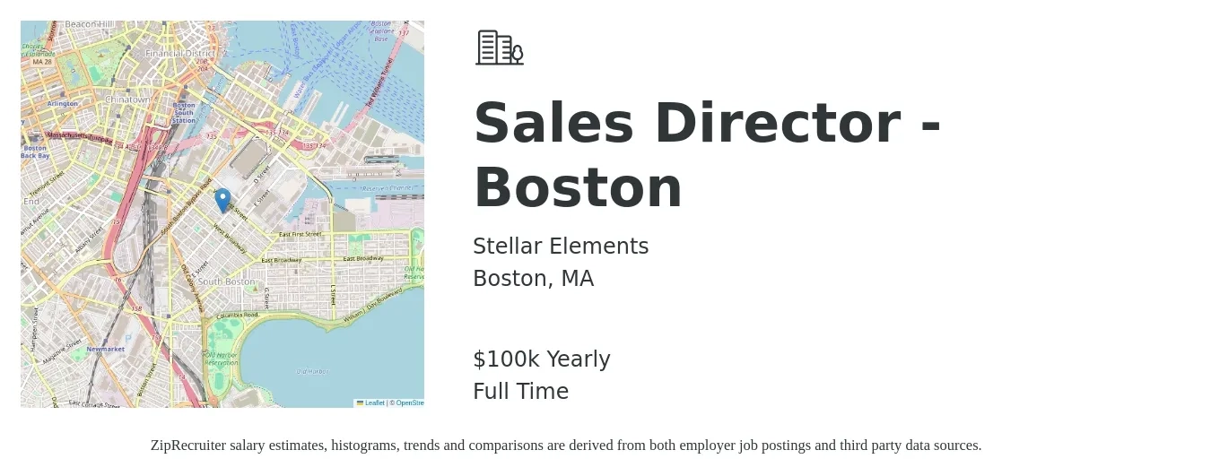 Stellar Elements job posting for a Sales Director - Boston in Boston, MA with a salary of $100,000 Yearly with a map of Boston location.