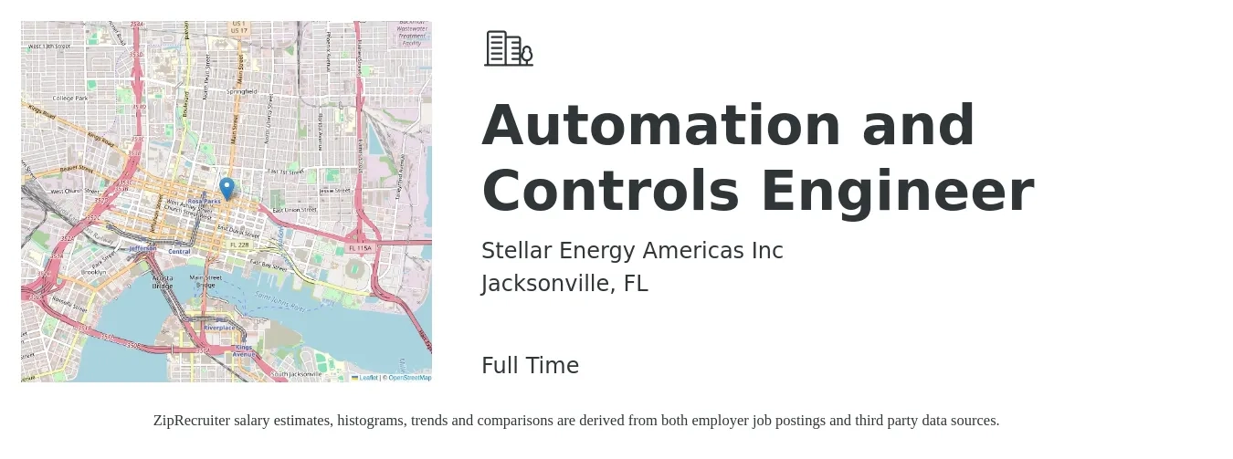 Stellar Energy Americas Inc job posting for a Automation and Controls Engineer in Jacksonville, FL with a salary of $78,000 to $103,200 Yearly with a map of Jacksonville location.