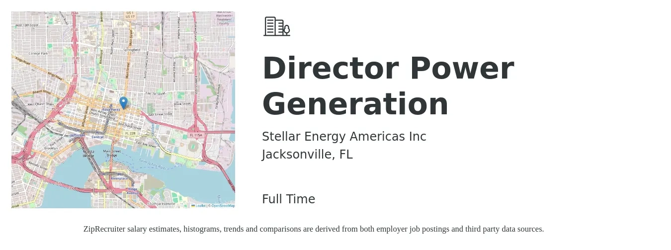 Stellar Energy Americas Inc job posting for a Director Power Generation in Jacksonville, FL with a salary of $65,400 to $122,800 Yearly with a map of Jacksonville location.