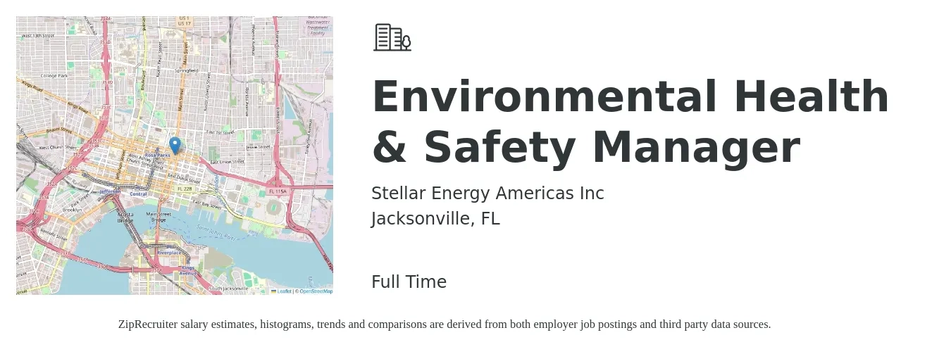 Stellar Energy Americas Inc job posting for a Environmental Health & Safety Manager in Jacksonville, FL with a salary of $75,300 to $102,100 Yearly with a map of Jacksonville location.