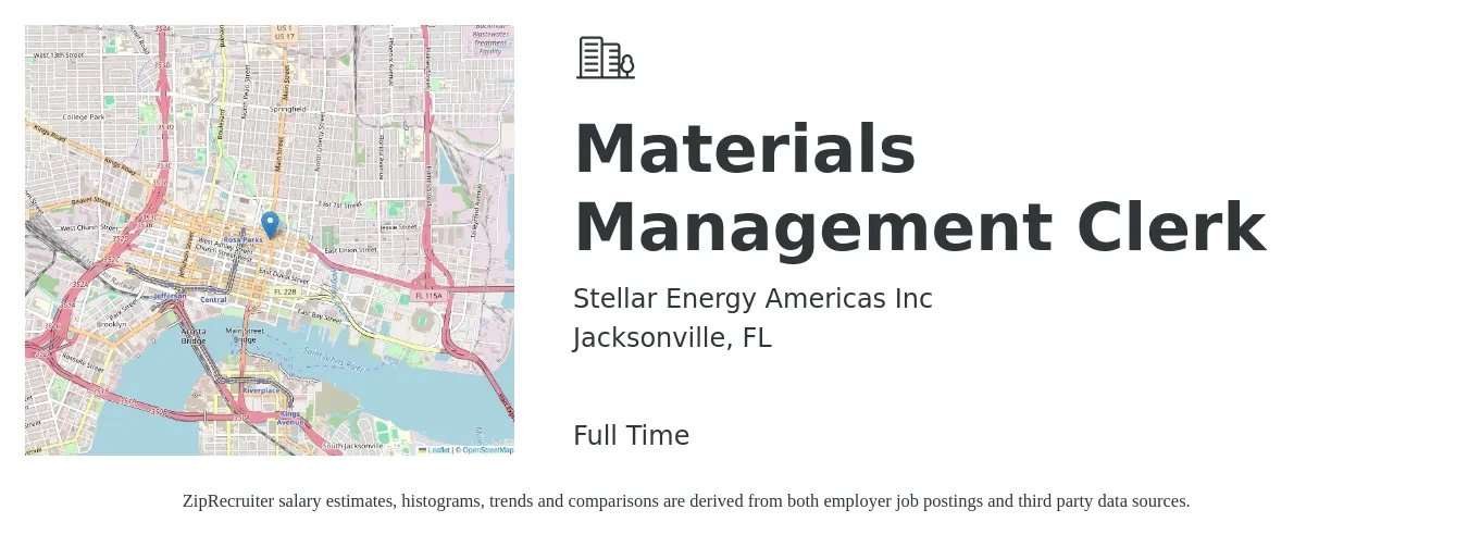 Stellar Energy Americas Inc job posting for a Materials Management Clerk in Jacksonville, FL with a salary of $16 to $20 Hourly with a map of Jacksonville location.