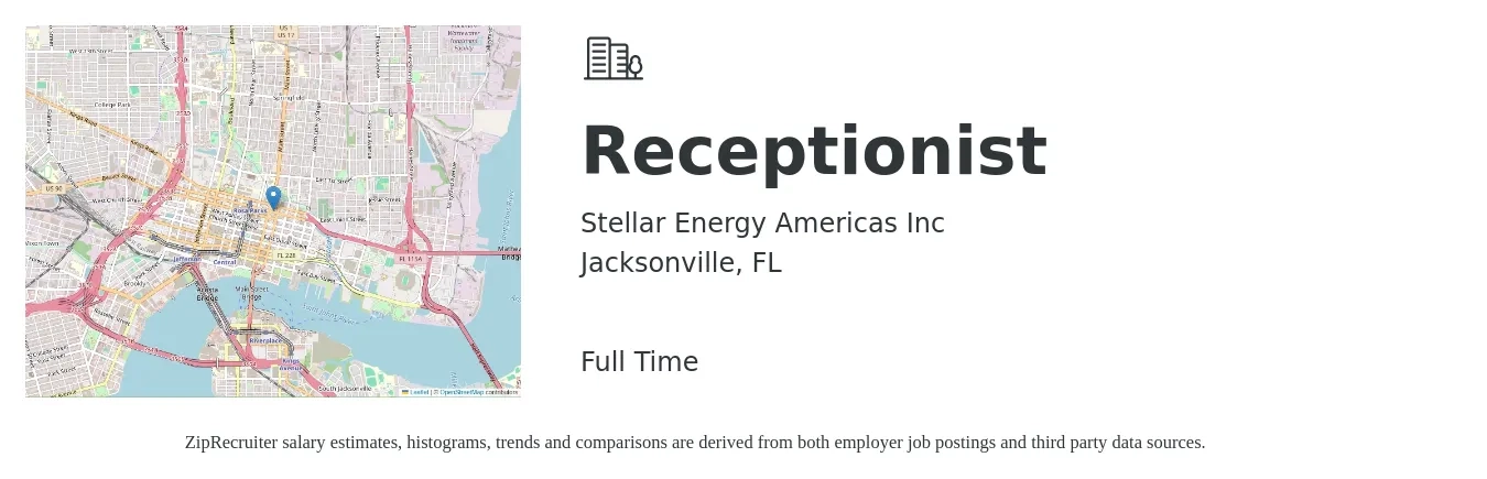 Stellar Energy Americas Inc job posting for a Receptionist in Jacksonville, FL with a salary of $15 to $20 Hourly with a map of Jacksonville location.