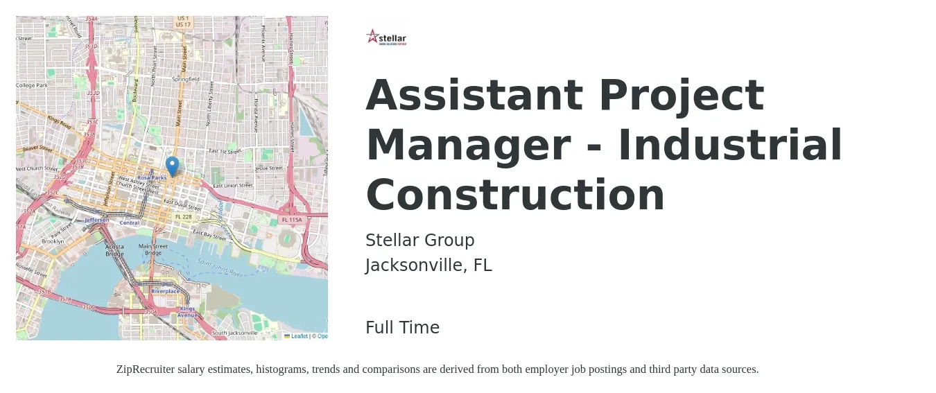 The Stellar Group Inc job posting for a Assistant Project Manager - Industrial Construction in Jacksonville, FL with a salary of $55,500 to $80,900 Yearly with a map of Jacksonville location.