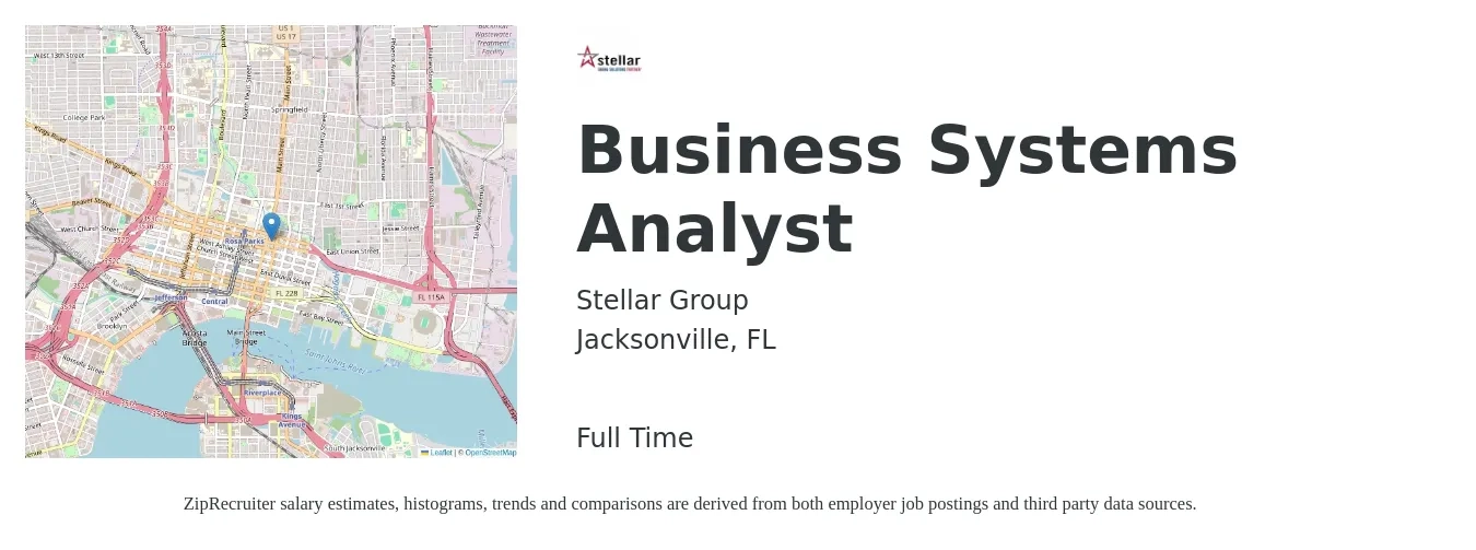 The Stellar Group Inc job posting for a Business Systems Analyst in Jacksonville, FL with a salary of $36 to $56 Hourly with a map of Jacksonville location.