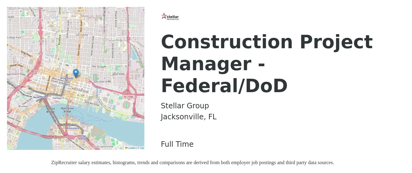 The Stellar Group Inc job posting for a Construction Project Manager - Federal/DoD in Jacksonville, FL with a salary of $68,200 to $108,200 Yearly with a map of Jacksonville location.