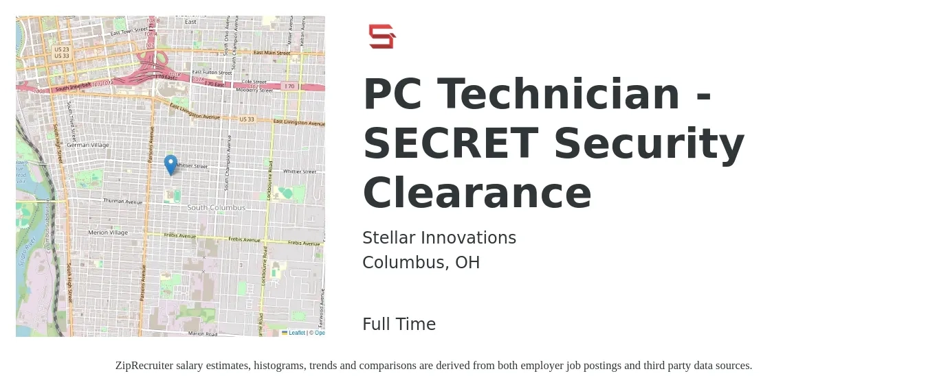 Stellar Innovations job posting for a PC Technician - SECRET Security Clearance in Columbus, OH with a salary of $18 to $24 Hourly with a map of Columbus location.