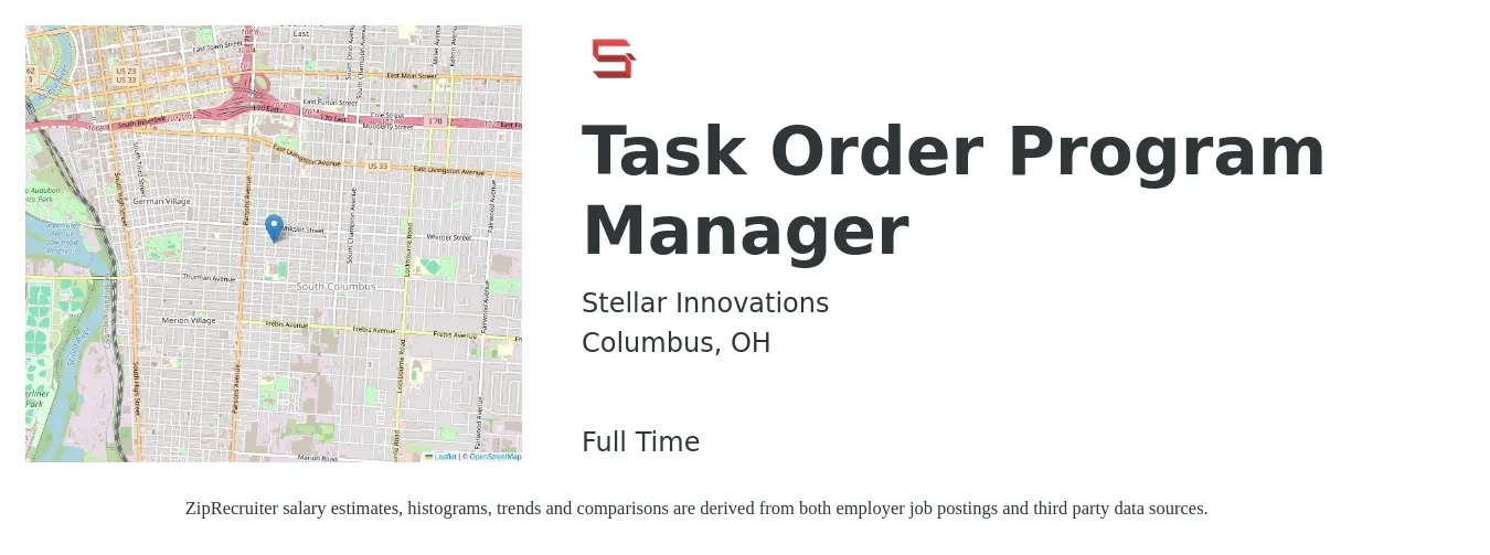 Stellar Innovations job posting for a Task Order Program Manager in Columbus, OH with a salary of $76,800 to $128,000 Yearly with a map of Columbus location.
