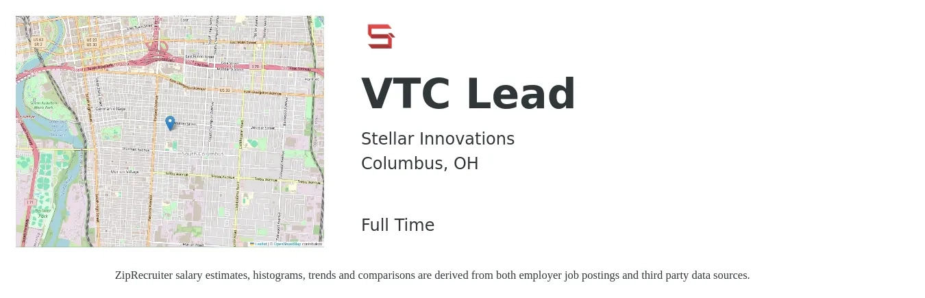 Stellar Innovations job posting for a VTC Lead in Columbus, OH with a salary of $53,100 to $72,400 Yearly with a map of Columbus location.