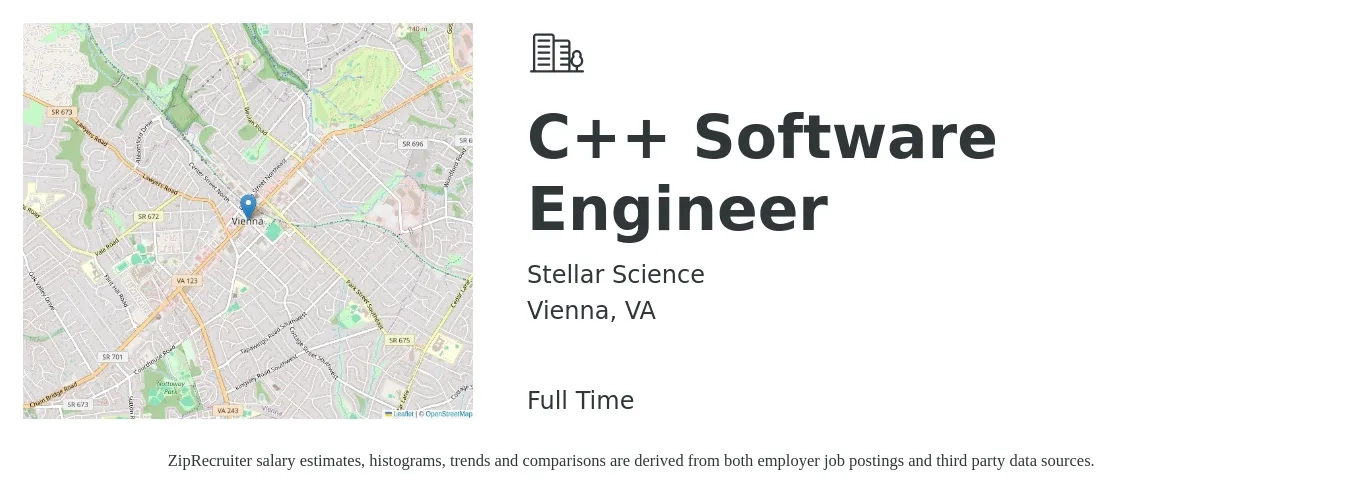 Stellar Science job posting for a C++ Software Engineer in Vienna, VA with a salary of $98,400 to $145,000 Yearly with a map of Vienna location.