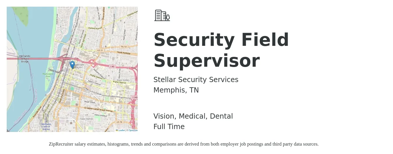 Stellar Security Services job posting for a Security Field Supervisor in Memphis, TN with a salary of $18 to $21 Hourly and benefits including dental, life_insurance, medical, and vision with a map of Memphis location.