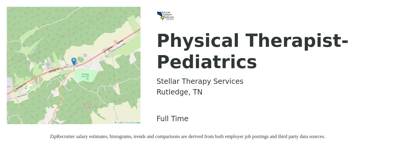 Stellar Therapy Services job posting for a Physical Therapist- Pediatrics in Rutledge, TN with a salary of $1,300 to $1,680 Weekly with a map of Rutledge location.