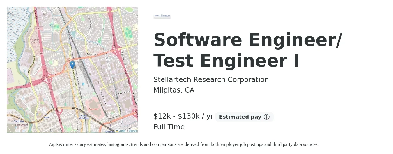 Stellartech Research Corporation job posting for a Software Engineer/ Test Engineer I in Milpitas, CA with a salary of $12,000 to $130,000 Yearly with a map of Milpitas location.