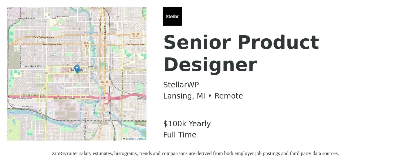 StellarWP job posting for a Senior Product Designer in Lansing, MI with a salary of $100,000 Yearly with a map of Lansing location.
