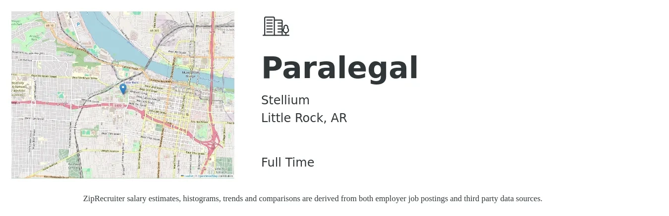 Stellium job posting for a Paralegal in Little Rock, AR with a salary of $40,000 to $60,000 Yearly with a map of Little Rock location.