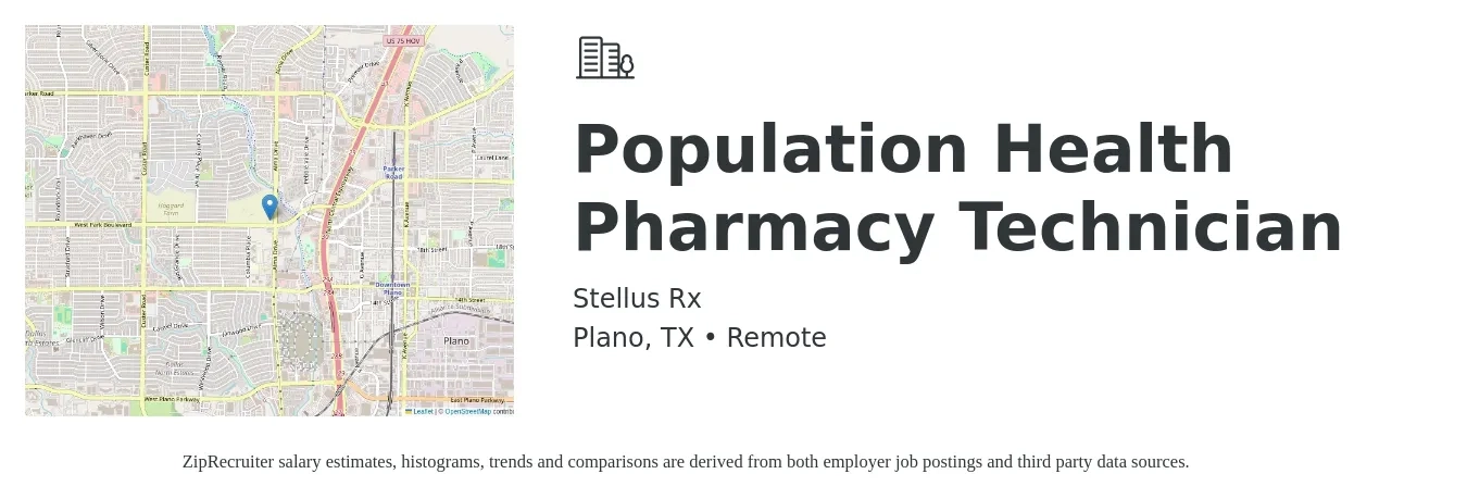 Stellus Rx job posting for a Population Health Pharmacy Technician in Plano, TX with a salary of $17 to $20 Hourly with a map of Plano location.