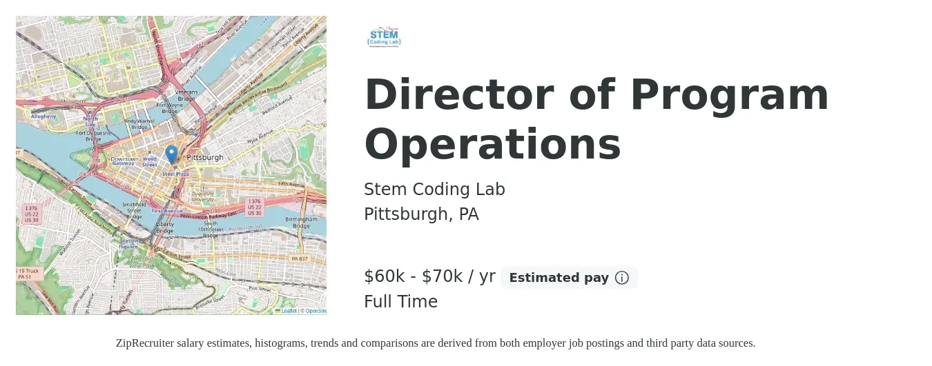 Stem Coding Lab job posting for a Director of Program Operations in Pittsburgh, PA with a salary of $60,000 to $70,000 Yearly with a map of Pittsburgh location.