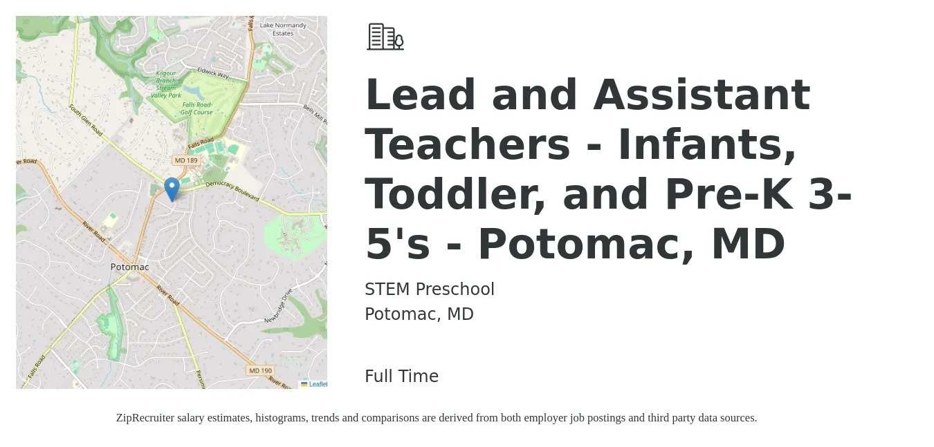 STEM Preschool job posting for a Lead and Assistant Teachers - Infants, Toddler, and Pre-K 3-5's - Potomac, MD in Potomac, MD with a salary of $16 to $21 Hourly with a map of Potomac location.