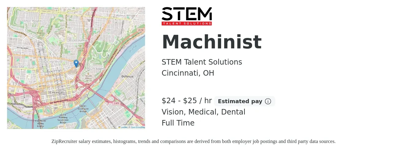 STEM Talent Solutions job posting for a Machinist in Cincinnati, OH with a salary of $25 to $27 Hourly and benefits including pto, retirement, vision, dental, life_insurance, and medical with a map of Cincinnati location.