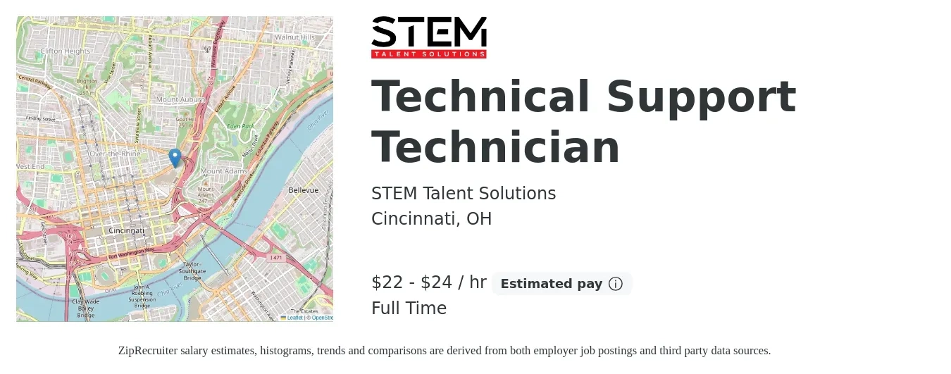STEM Talent Solutions job posting for a Technical Support Technician in Cincinnati, OH with a salary of $23 to $25 Hourly with a map of Cincinnati location.