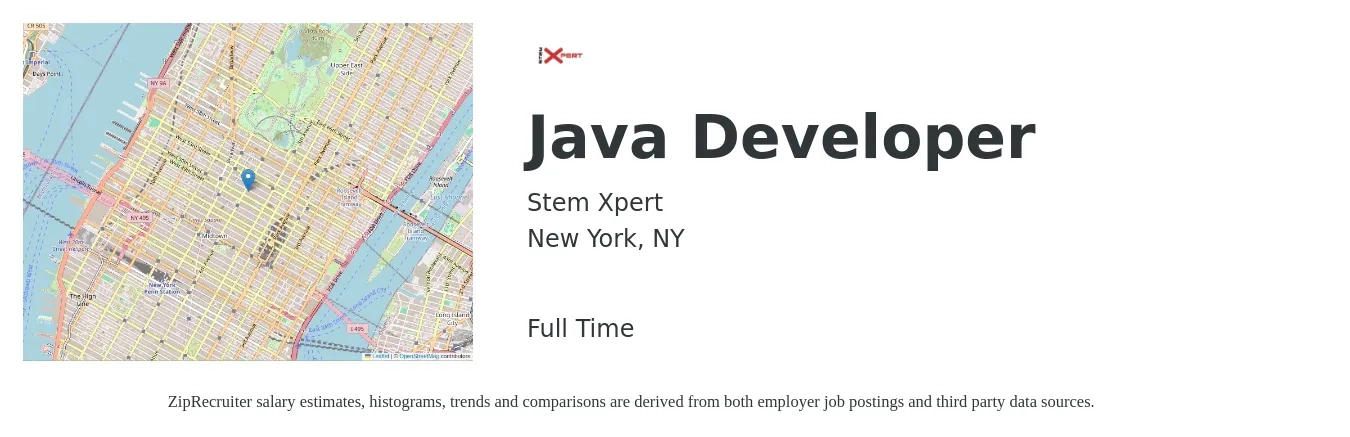 Stem Xpert job posting for a Java developer in New York, NY with a salary of $56 to $72 Hourly with a map of New York location.