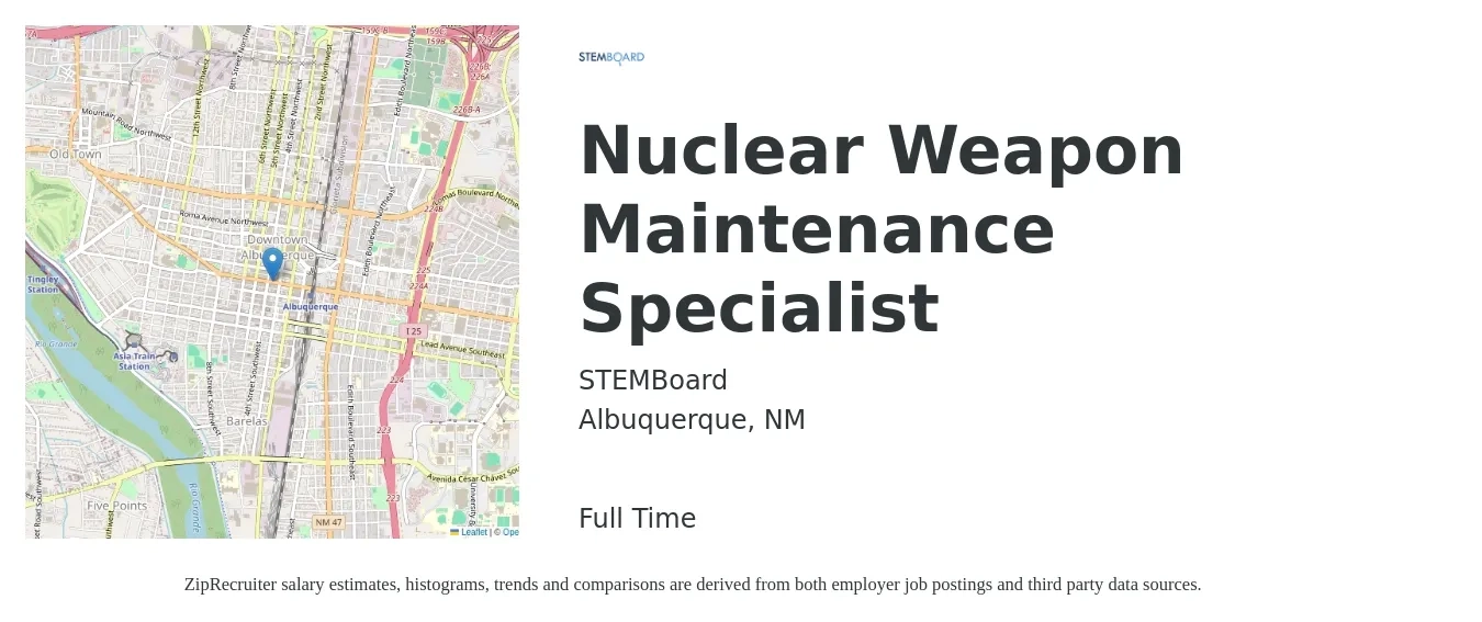 STEMBoard job posting for a Nuclear Weapon Maintenance Specialist in Albuquerque, NM with a salary of $20 to $28 Hourly with a map of Albuquerque location.