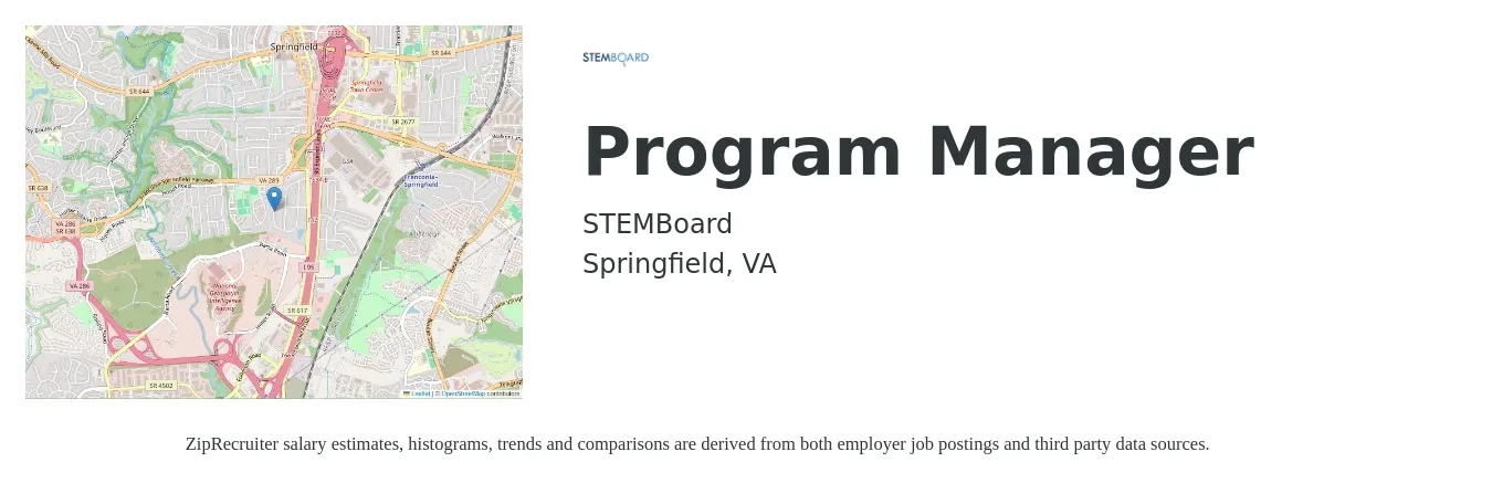 STEMBoard job posting for a Program Manager in Springfield, VA with a salary of $83,500 to $139,200 Yearly with a map of Springfield location.