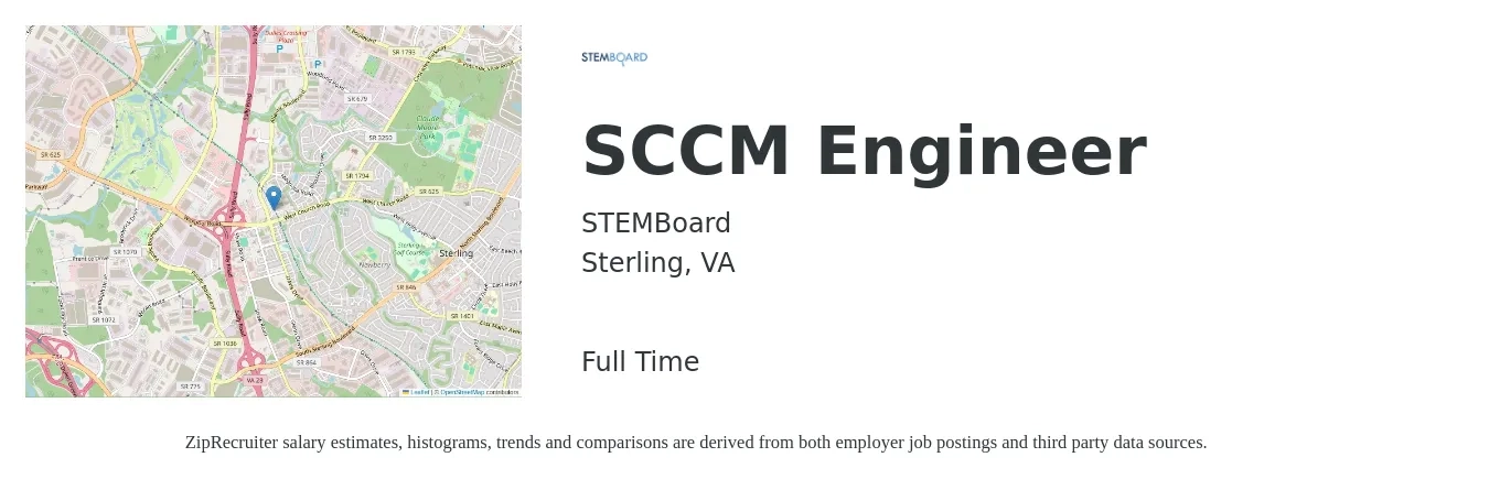 STEMBoard job posting for a SCCM Engineer in Sterling, VA with a salary of $79,700 to $137,200 Yearly with a map of Sterling location.
