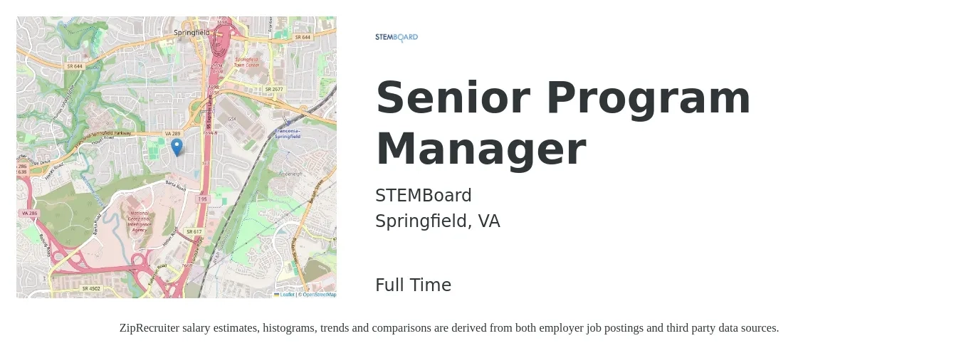 STEMBoard job posting for a Senior Program Manager in Springfield, VA with a salary of $121,200 to $121,700 Yearly with a map of Springfield location.