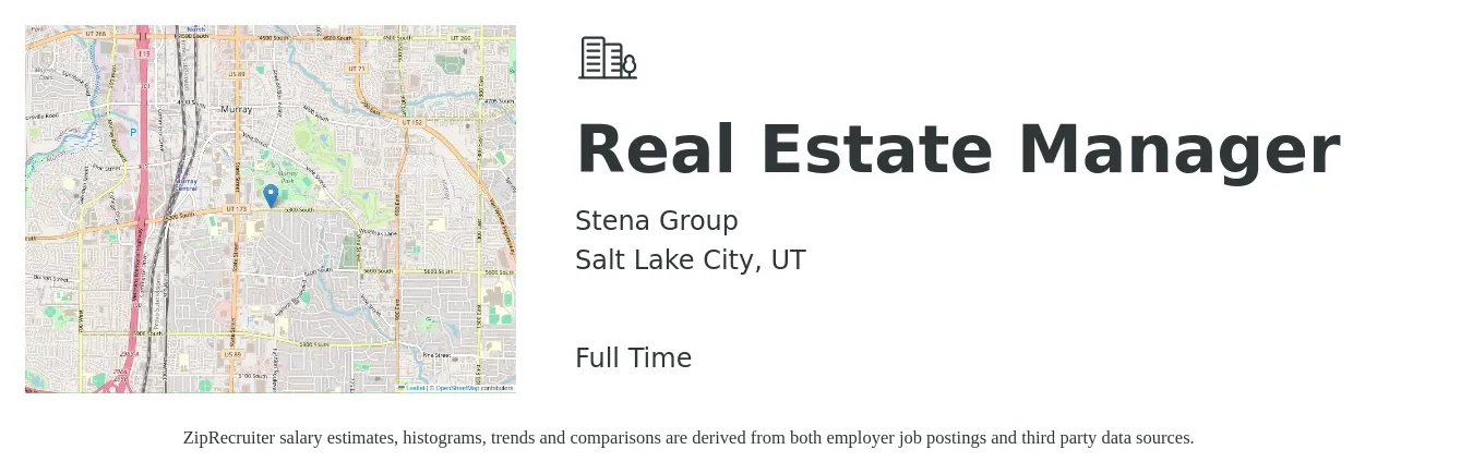 Stena Group job posting for a Real Estate Manager in Salt Lake City, UT with a salary of $57,600 to $96,800 Yearly with a map of Salt Lake City location.