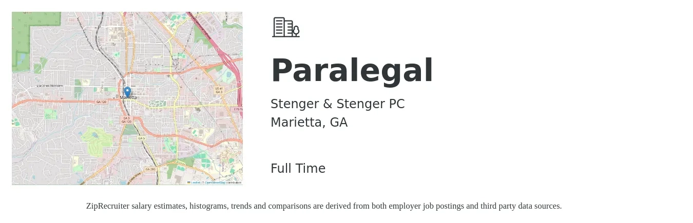 Stenger & Stenger PC job posting for a Paralegal in Marietta, GA with a salary of $43,600 to $62,200 Yearly with a map of Marietta location.