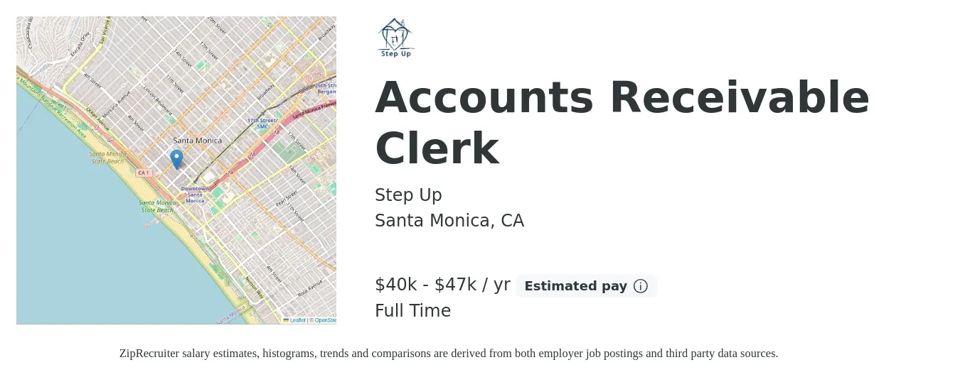Step Up job posting for a Accounts Receivable Clerk in Santa Monica, CA with a salary of $40,000 to $47,000 Yearly with a map of Santa Monica location.