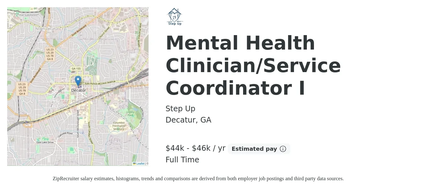 Step Up job posting for a Mental Health Clinician/Service Coordinator I in Decatur, GA with a salary of $44,000 to $46,000 Yearly with a map of Decatur location.