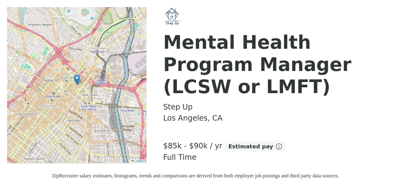 Step Up job posting for a Mental Health Program Manager (LCSW or LMFT) in Los Angeles, CA with a salary of $85,000 to $90,000 Yearly with a map of Los Angeles location.