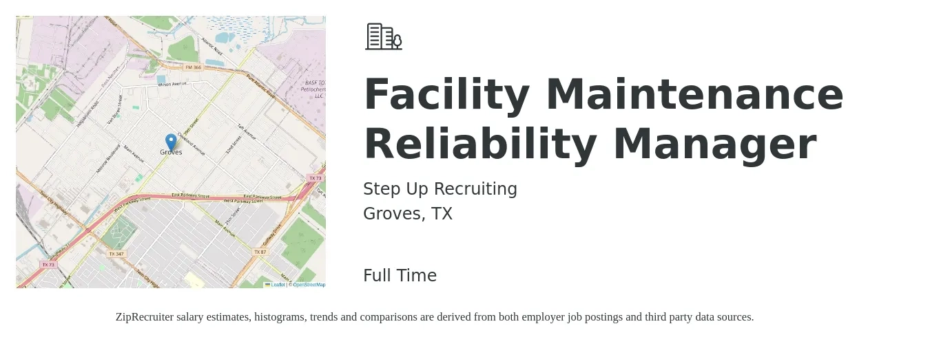 Step Up Recruiting job posting for a Facility Maintenance Reliability Manager in Groves, TX with a salary of $87,200 to $129,100 Yearly with a map of Groves location.